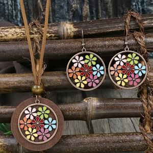 Necklace and Multi-Color Enamel Flower Earring Set Wood Leather Cord Copper